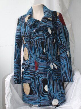 VTG Samuel Dong Blue Black Wool Blend Graphic Patchwork Belted Coat size S /M